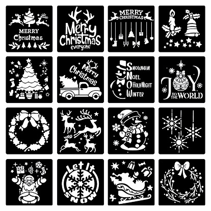 16Pcs 16 Styles Plastic Drawing Painting Stencils Templates, Square, Christmas Theme Pattern
