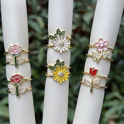 Brass Micro Pave Cubic Zirconia Cuff Open Rings for Women, with Enamel, Flower, Real 18K Gold Plated