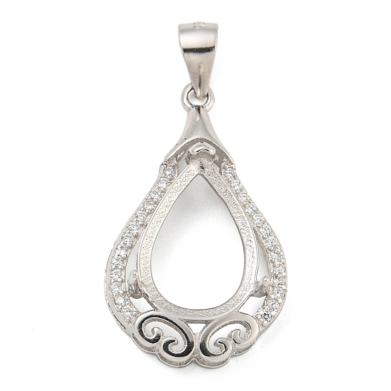 925 Sterling Silver Pendant Cabochon Settings, Prong Settings, with Cubic Zirconia, Rhinestone Claw Settings, Prong Settings, Teardrop