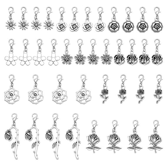40шт 10 стили цветок сплав подвеска украшение, с карабин-лобстерами 
