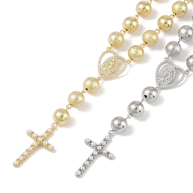 Brass Micro Pave Clear Cubic Zirconia & Plastic Pearl Pendant Necklaces, Rosary Bead Necklaces, Cross