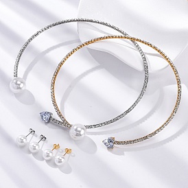 Круглые пластиковые серьги-гвоздики с имитацией жемчуга и колье-чокер с сердечками из кубического циркония и стразами, 304 комплект украшений из нержавеющей стали для женщин