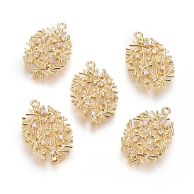 Brass Micro Pave Cubic Zirconia Pendants, Long-Lasting Plated, Oval with Branches and Leaves, Real 18K Gold Plated