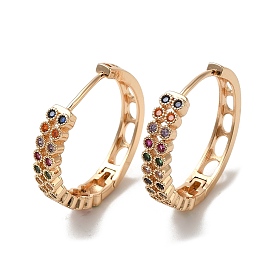 Brass Micro Pave Colorful Cubic Zirconia Hoop Earrings, Hollow Oval