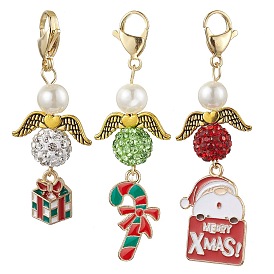 Candy Cane/Gift Box/Santa Claus Christmas Alloy Enamel Pendant Decoration, 304 Stainless Steel Lobster Claw Clasps Charms for Bag Ornaments