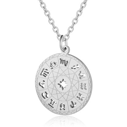 201 Stainless Steel Pendant Necklaces, with Cable Chains, Flat Round with Constellations
