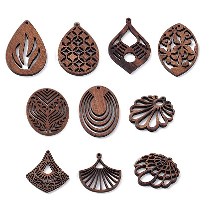 Walnut Wood Laser Cut Pendants, Hollow Charms, Undyed