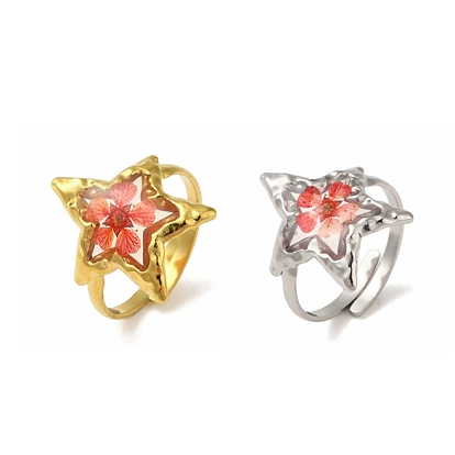 Ионное покрытие (ip) 304 открытая манжета из нержавеющей стали, Женское кольцо со звездой из эпоксидной смолы и сухоцвета