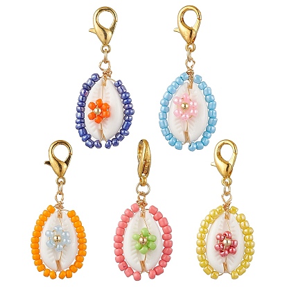 Медная проволочная обмотка акриловая имитация ракушки подвеска украшение, со стеклянными бисеринами, форма ракушки и цветок