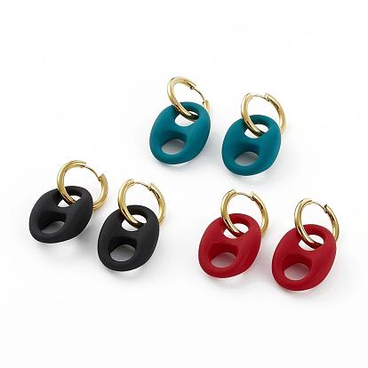 304 Stainless Steel Huggie Hoop Earrings, with Rubberized Style Acrylic Oval Links, Golden