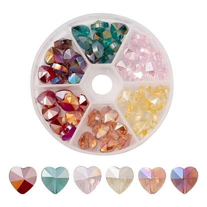 48Pcs 6 Colors Electroplate Glass Beads, AB Color Plated, Faceted, Heart