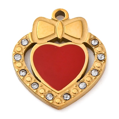 304 нержавеющей стальной эмали подвески, со стразами, сердце с шармом бантом, золотые, ионное покрытие (ip)