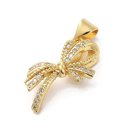 Rack Plating Brass Micro Pave Clear Cubic Zirconia Pendants, Long-Lasting Plated, Cadmium Free & Lead Free, Bowknot