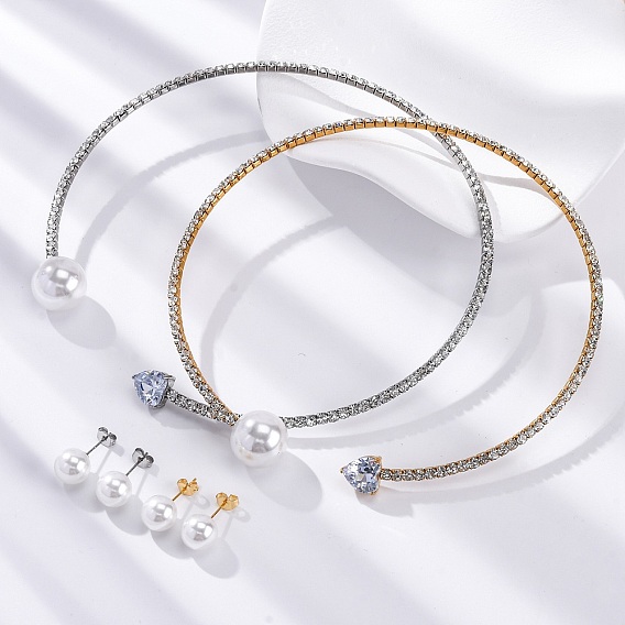 Круглые пластиковые серьги-гвоздики с имитацией жемчуга и колье-чокер с сердечками из кубического циркония и стразами, 304 комплект украшений из нержавеющей стали для женщин