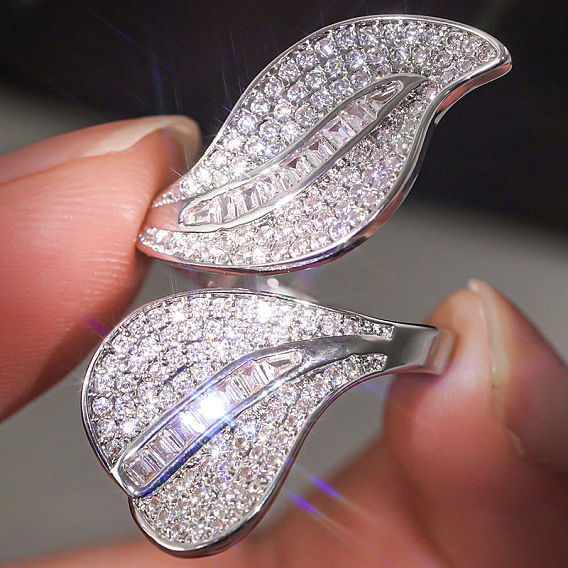 Brass Micro Pave Clear Cubic Zirconia Cuff Open Rings, Leaf