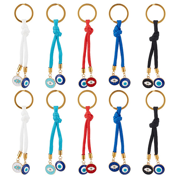 10шт 5 цвета сердечник парашютные шнуры брелок, злые глаза, с подвесками из эмали и железными кольцами
