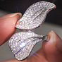 Brass Micro Pave Clear Cubic Zirconia Cuff Open Rings, Leaf