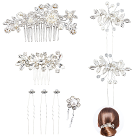 CRASPIRE 8Pcs Zinc Alloy Wedding Bridal Hair Forks, Wedding Bridal Iron Hair Combs, with Rhinestones and Brass Finding, Hair Accessories for Women, Flower & Leaf