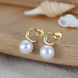 Clous d'oreilles en perles naturelles pour femmes, 925 boucle d'oreille lune en argent sterling avec poinçon s