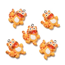 Opaque Resin Pendants, with Platinum Tone Iron Loops, Tiger
