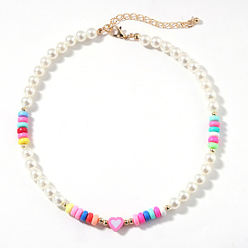Colorful Soft Clay Heart Necklace - Spring/Summer Rainbow Beaded Pearl Choker