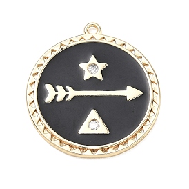 Brass with Crystal Rhinestone Pendants, with Black Enamel, Flat Round with Arrow & Star Charms