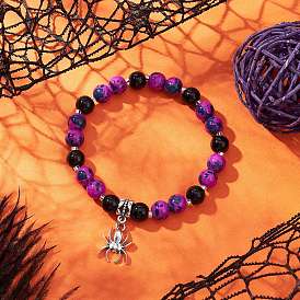 Тематика хэллоуина выпечка расписные стеклянные круглые бусины эластичные браслеты для женщин, с подвеской из сплава в тибетском стиле, подвесками и бусинами из смолы