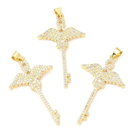 Rack Plating Brass Micro Pave Cubic Zirconia Pendants, Long-Lasting Plated, Lead Free & Cadmium Free, Wing