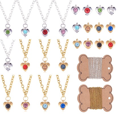 Наборы для изготовления ожерелий с подвесками в форме сердца своими руками, включая 304 подвески со стразами из нержавеющей стали, железные кабельные цепи и застежки-лобстеры