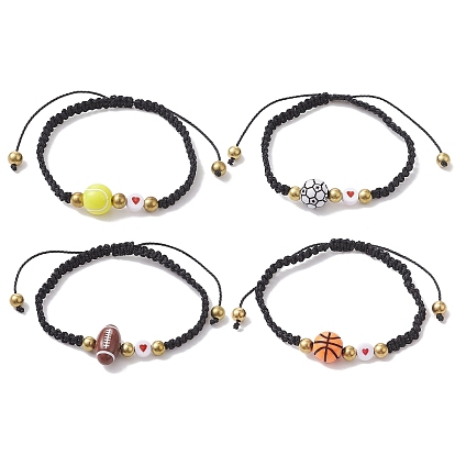 4Pcs 4 Style Sport Theme Acylic & Alloy Braided Bead Bracelets Set, Nylon Thread Adjustable Bracelets