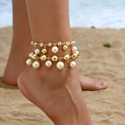 Женские браслеты на ногу с круглыми кисточками из латуни и пластика с имитацией жемчуга, модный тренд пляжного отдыха, белые