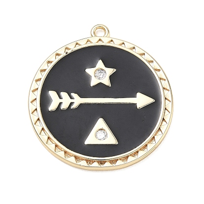 Brass with Crystal Rhinestone Pendants, with Black Enamel, Flat Round with Arrow & Star Charms