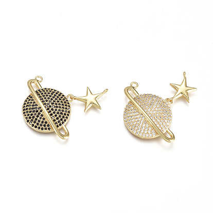 Brass Micro Pave Cubic Zirconia Pendants, Long-Lasting Plated, Planet, Universe Space Charms