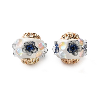 Ручная полимерная глиняная индонезия бисер, RONDELLE с цветком, с сердечником из сплава и смолы