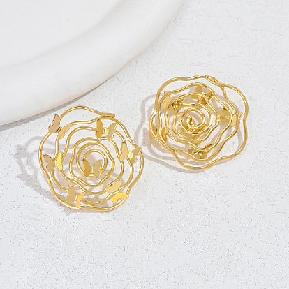 Brass Stud Earrings, Flower with Butterfly