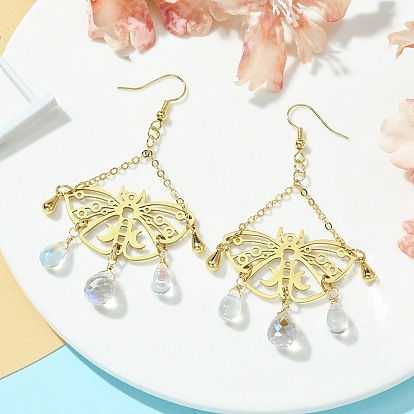 Hollow Butterfly Brass Chandelier Earrings, Glass Long Drop Earrings