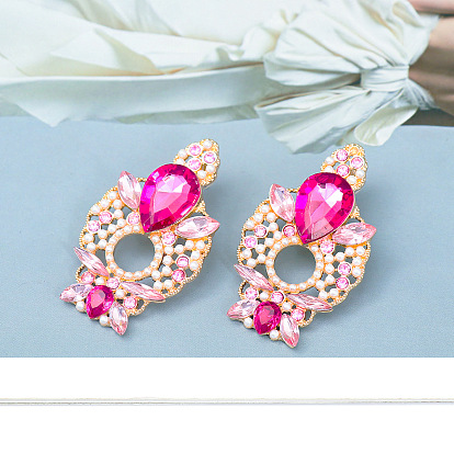 Fashionable Pink Diamond Alloy Inlaid Pearl Geometric Earrings for Women with Sparkling European and American Style Studs