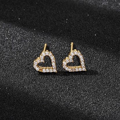 Серьги-гвоздики из латуни с микропаве из кубического циркония для женщин, полые сердца