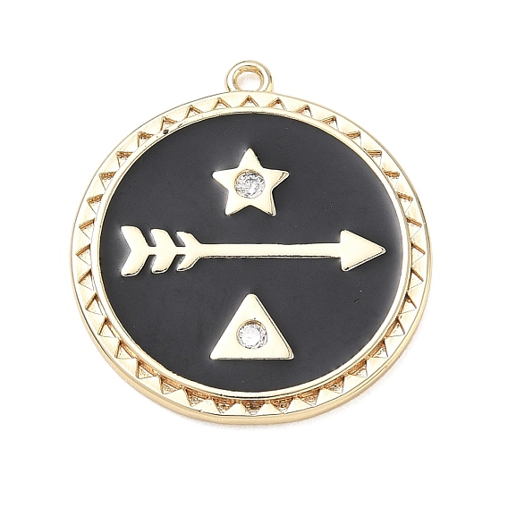 Brass with Crystal Rhinestone Pendants, with Black Enamel, Flat Round with Arrow & Star Charms