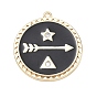 Brass with Crystal Rhinestone Pendants, with Black Enamel, Flat Round with Arrow & Star Charms