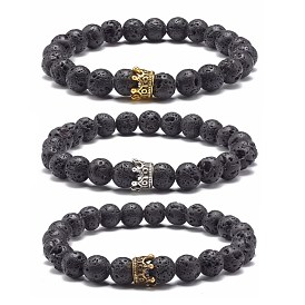 Natural Lava Rock Stretch Bracelet, Crown Tibetan Style Alloy Bead Bracelet, Anti Depression and Anxiety Relief Items Gifts For Men Women
