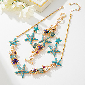 Серьги-гвоздики с эмалевым сплавом в виде морской звезды, с пластиковой имитационной жемчужиной, золотые