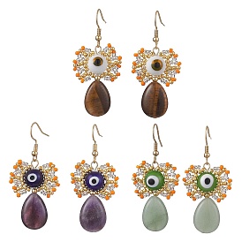 Natural Gemstone Dangle Earrings, with Glass Seed Beads and 304 Stainless Steel Earring Hooks, Teardrop with Evil Eye