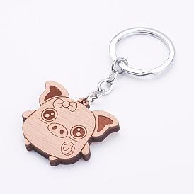 Solid Wood Keychain, with Platinum Tone Iron Findings, Piggy with Bowknot