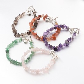 Trendy Natural Gemstone Beaded Bracelets, with Iron Beads, Alloy Heart Charms and Toggle Clasps, 200x6mm