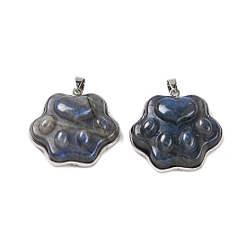 Natural Labradorite Carved Pendants, Paw Print Charms with Platinum Plated Rack Plating Brass Snap on Bails