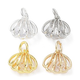 Rack Plating Brass Clear Cubic Zirconia Pendants, Long-Lasting Plated, Cadmium Free & Lead Free, with Jump Rings, Shell Shape
