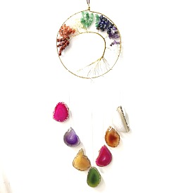 Металлические большие подвесные украшения, с кусочками агата и бусинами из драгоценных камней на тему чакры, плоские круглые с дерева жизни