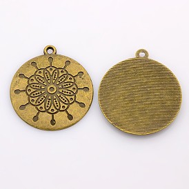 Tibetan Style Alloy Flat Round Carved Flower Pendants, Lead Free and Cadmium Free