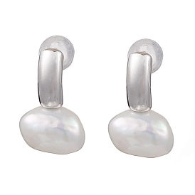 Natural Pearl Ear Studs, with Sterling Silver Findings, Oval